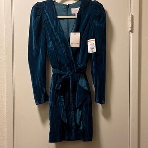 Adelyn Rae Teal Velvet Wrap Dress with Tie Waist